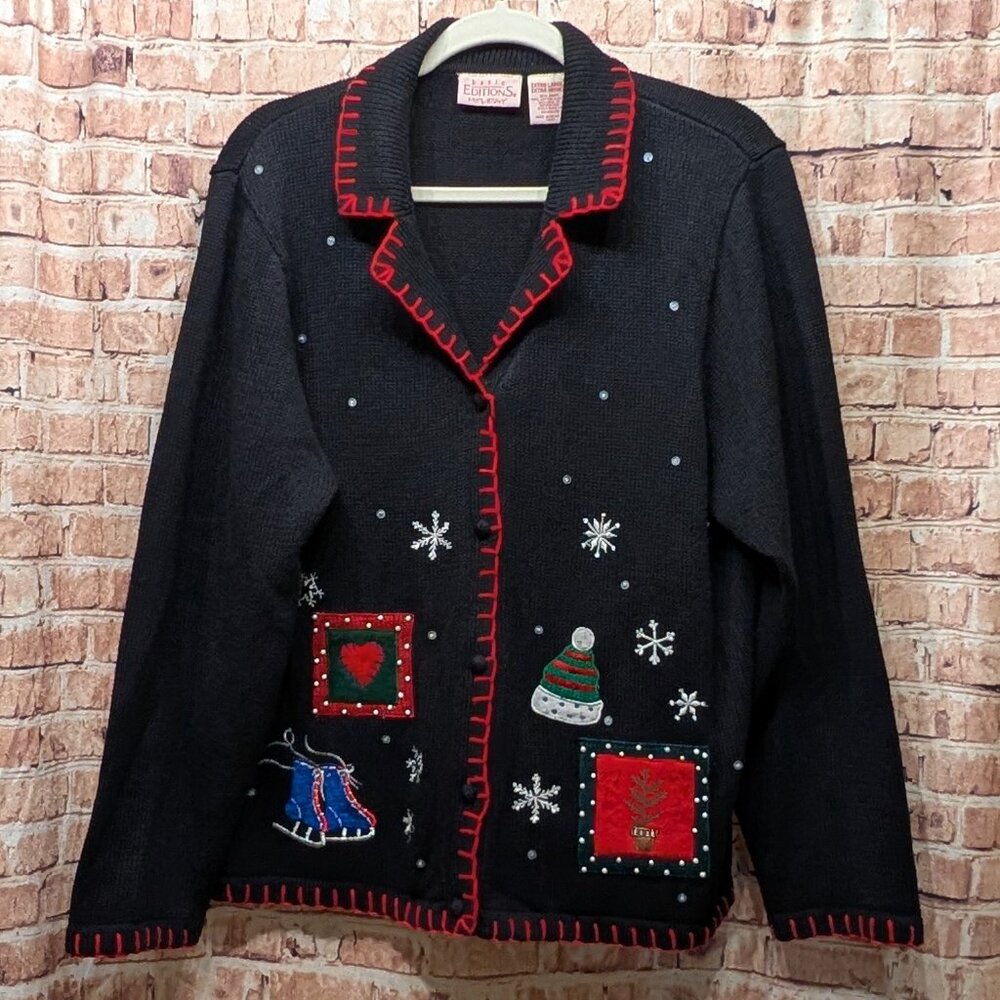 Basic Editions Holiday Cardigan Black with Holiday Embroidery Size XL